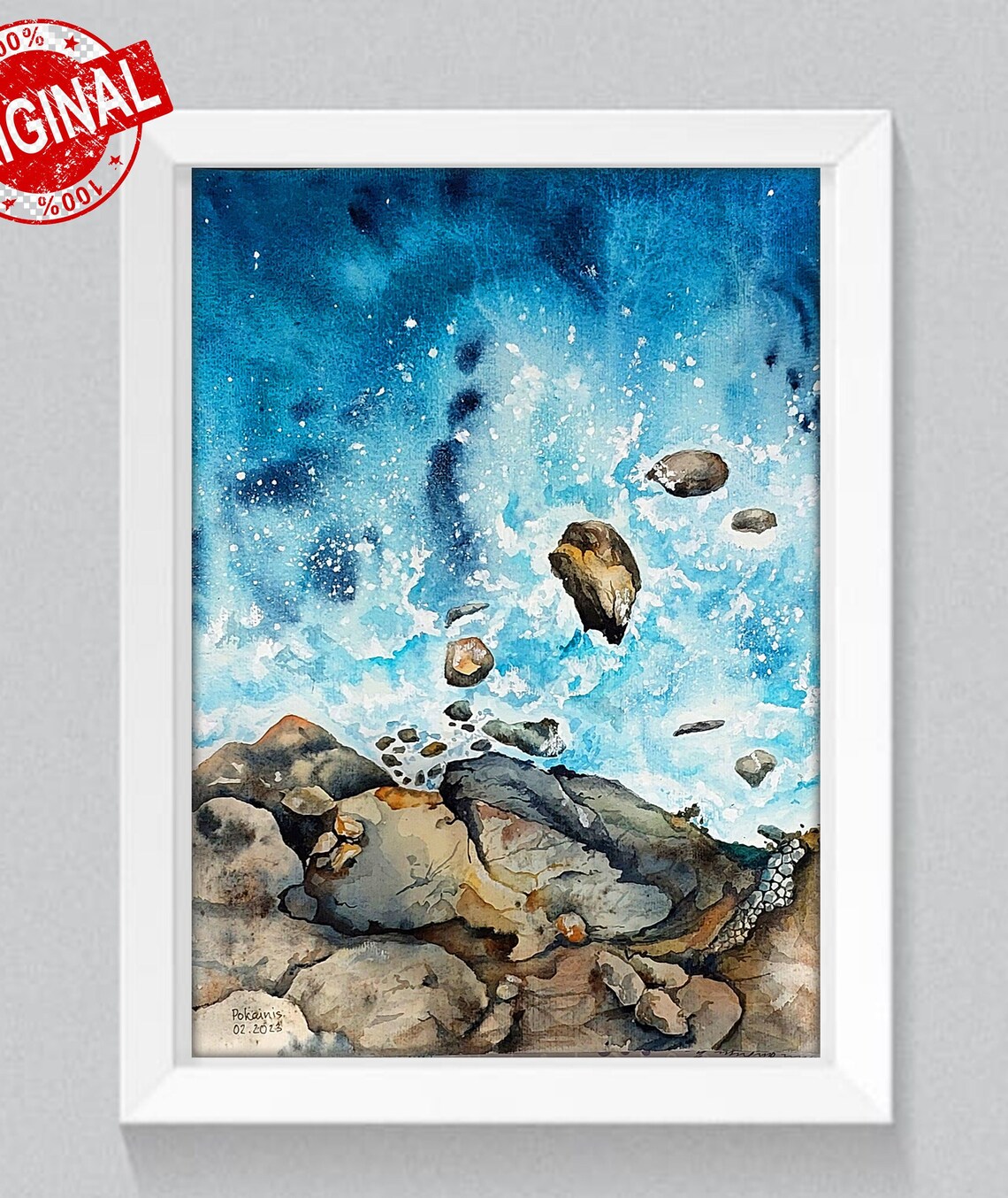 Turquoise Ocean Waves Crashing Over Rocky Shore Watercolor Poster - Image 5