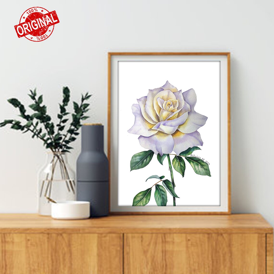 White Rose Watercolor Poster With Cream Bloom And Green Leaves - Image 4