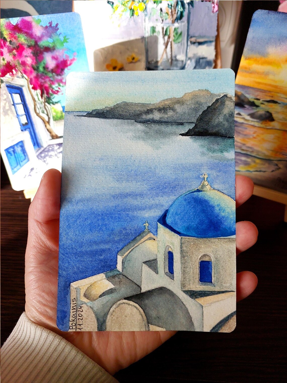 Santorini Blue Domed Church Over the Aegean Watercolor Poster