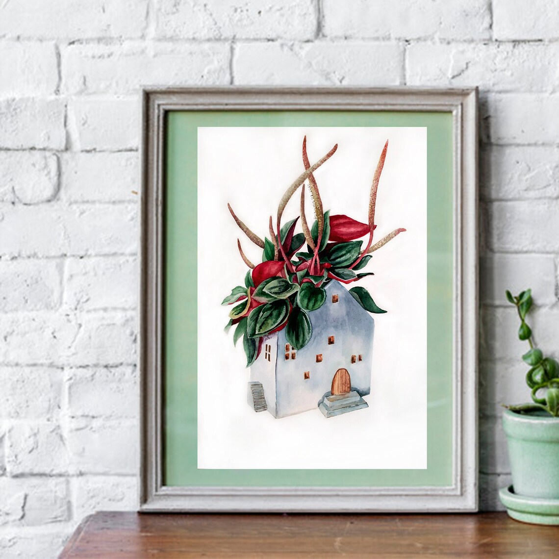 House Shaped Planter Watercolor Poster Leafy Green Home Decor - Image 4