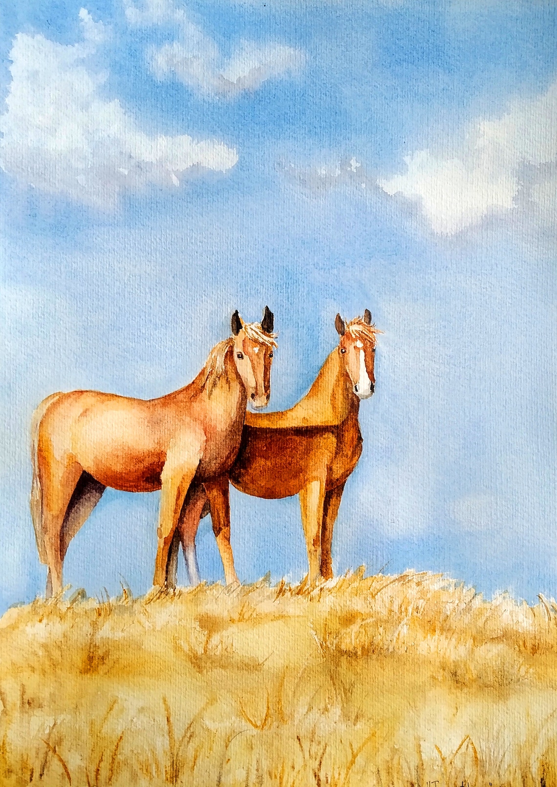 Two Chestnut Horses on a Golden Hill Watercolor Equine Art Poster