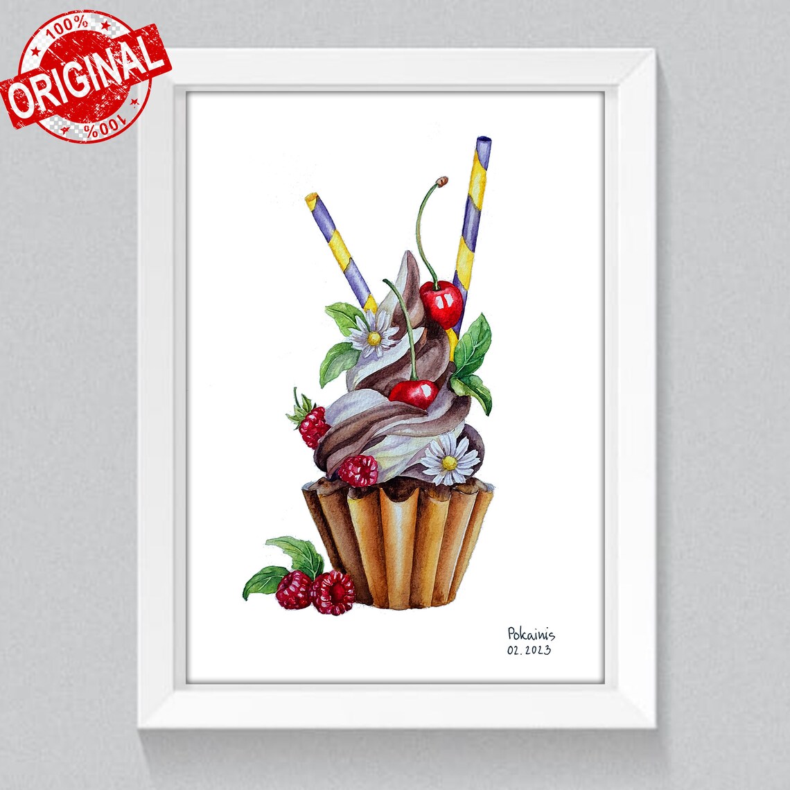 Chocolate Cupcake with Cherries Berries Straws Watercolor Poster - Image 5