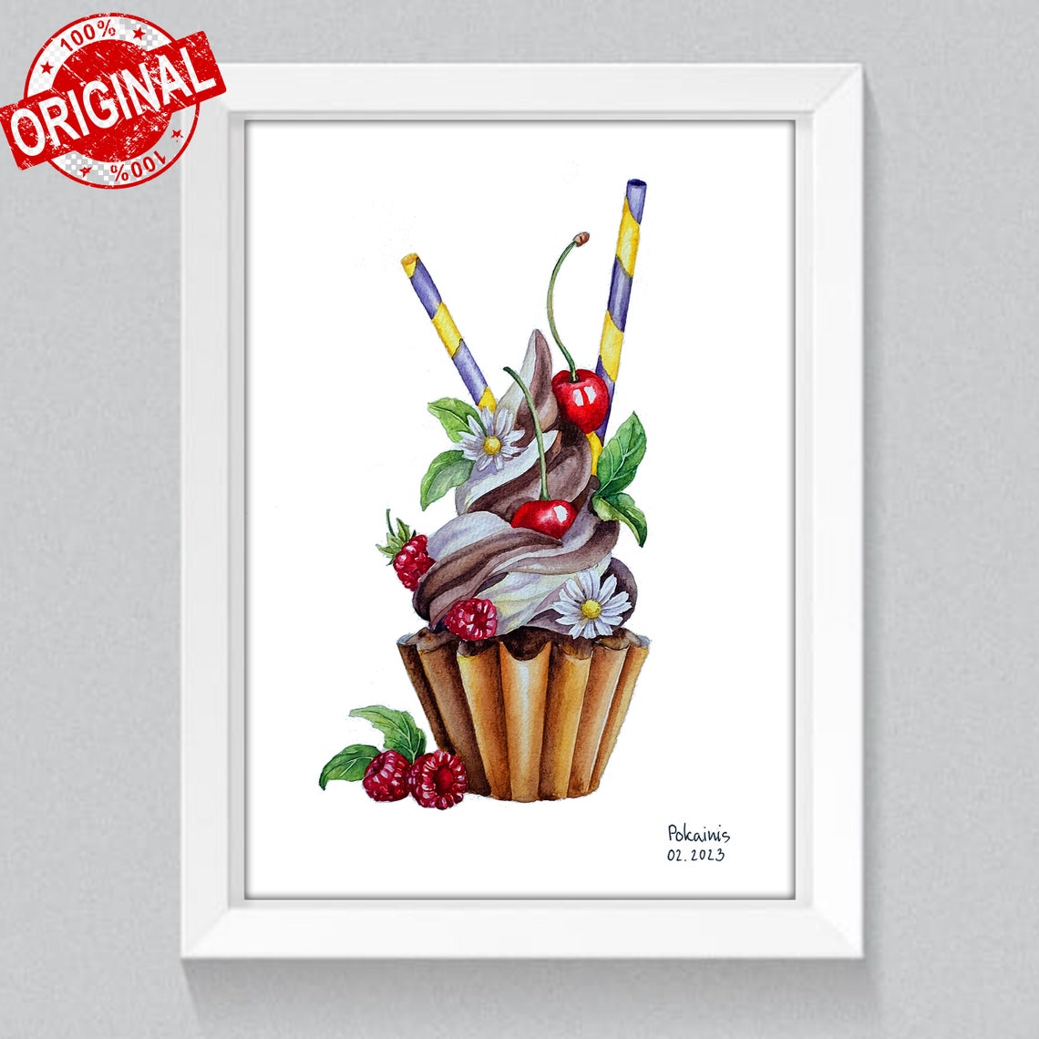 Dessert Original Watercolor Painting Cupcake Watercolor Artwork Baking Illustration Still Life Sweets Painting Kitchen Original Wall Art - Image 5
