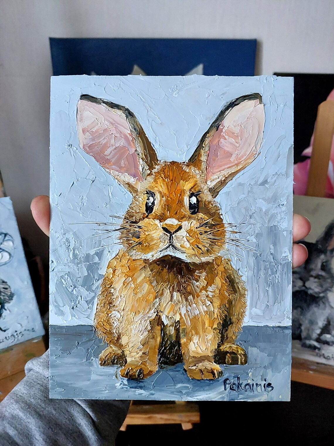 Ginger Brown Bunny Rabbit Portrait Textured Oil Painting Poster - Image 2
