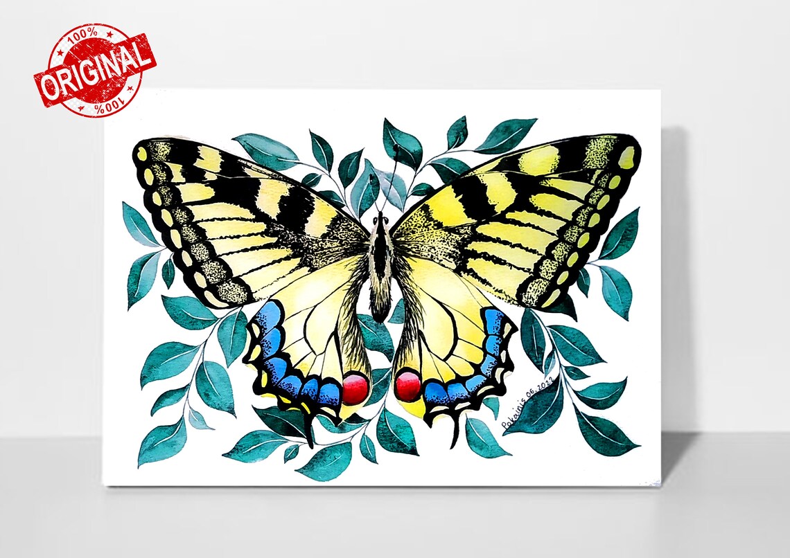 Yellow Swallowtail Butterfly on Leaves Watercolor Nature Poster - Image 3