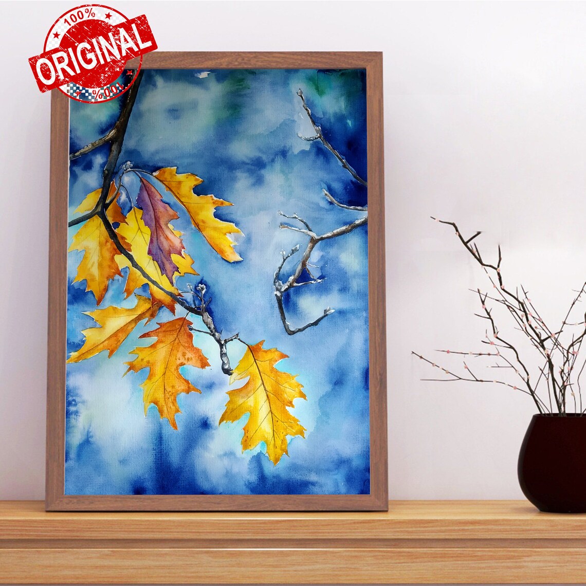 Autumn Oak Leaves Falling Over a Deep Blue Sky Watercolor Print - Image 2