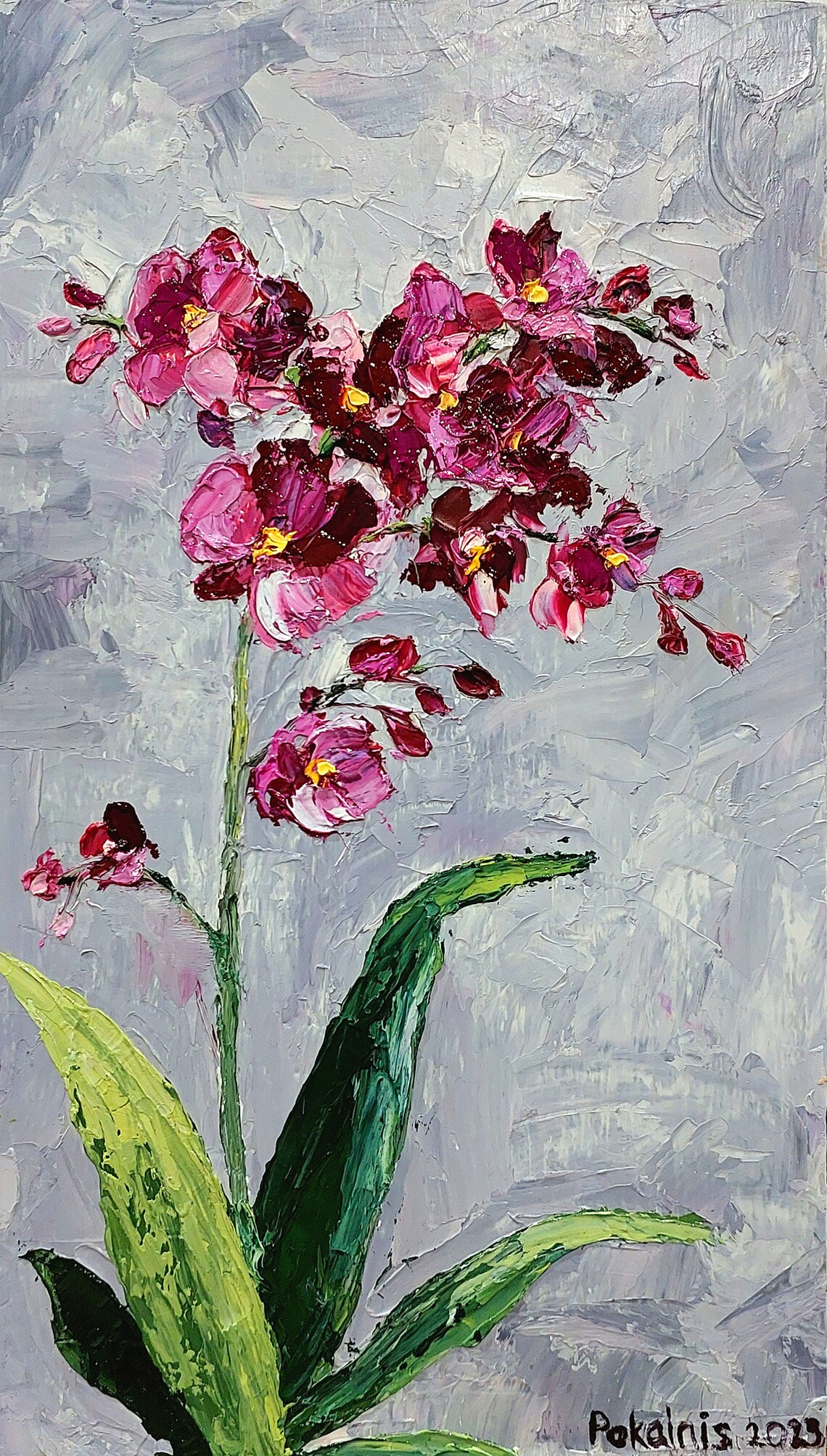 Magenta Orchid Spray Green Leaves Textured Impasto Oil Poster