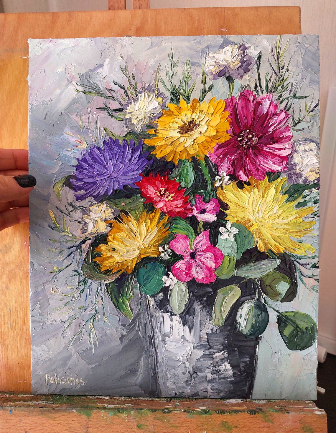 Colorful Chrysanthemum Bouquet in Dark Vase Impasto Oil Wall Art - Image 2
