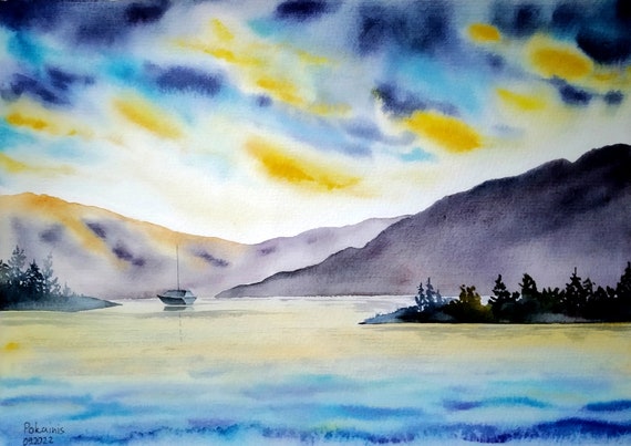Lake Watercolor Original Painting Mountain Wall Art Sunset Painting Watercolor Cloud Artwork Navy Blue Wall Art Lake House Gift