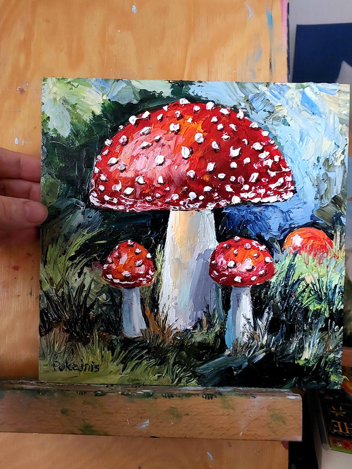 Red Fly Agaric Mushrooms Green Mossy Forest Floor Impasto Poster - Image 2