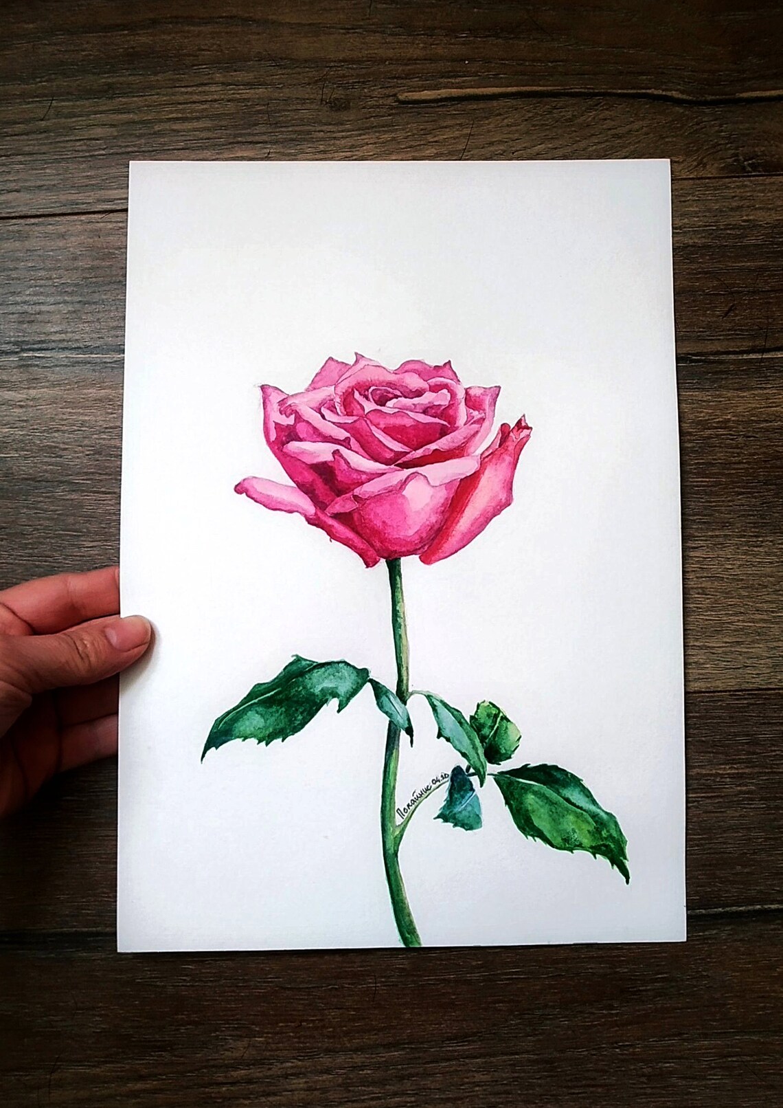 Pink Rose Stem Watercolor Romantic Flower Botanical Art Poster - Image 3