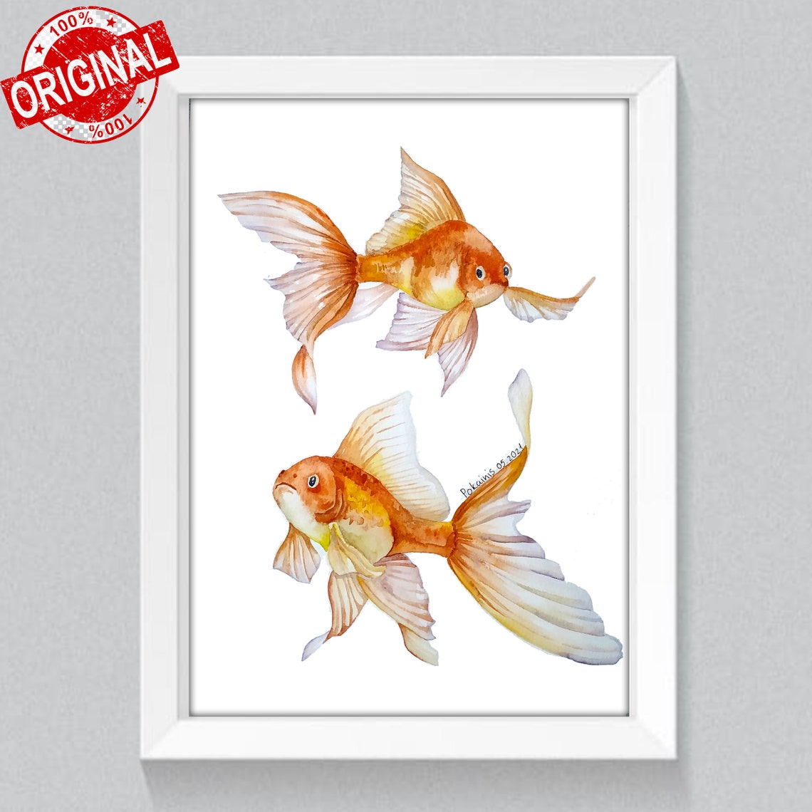 Two Orange Goldfish Swimming on White Watercolor Fish Art Poster - Image 2