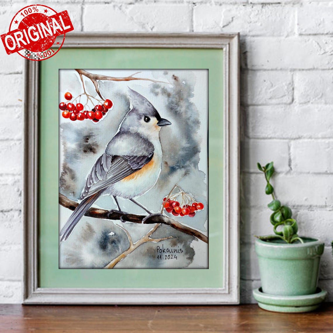 Tufted Titmouse on Berry Branch Watercolor Songbird Art Poster - Image 3