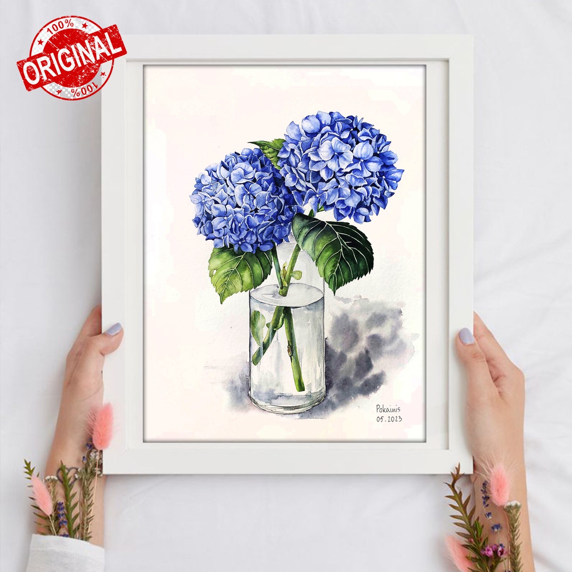 Blue Hydrangea Blossoms in Glass Vase Watercolor Floral Poster - Image 5