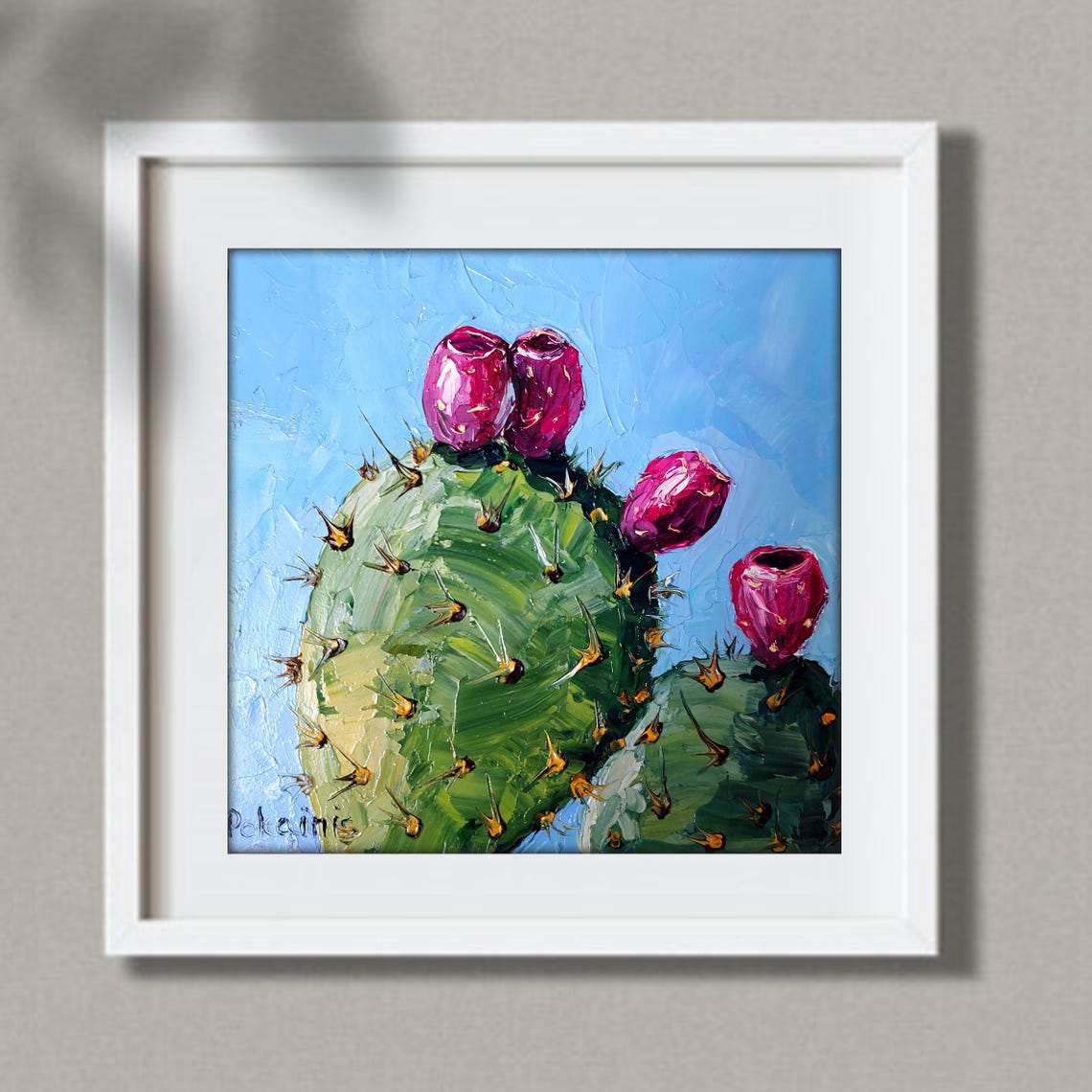 Prickly Pear Cactus with Magenta Fruit Under Blue Sky Oil Print - Image 2