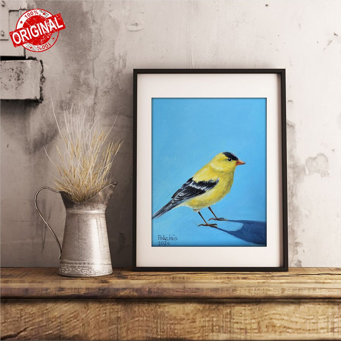 American Goldfinch Male on Bright Blue Background Oil Poster - Image 4