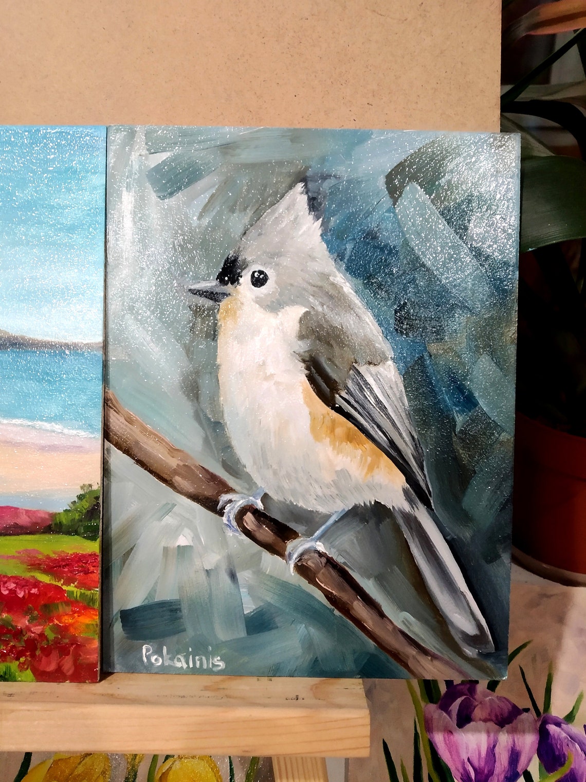 Tufted Titmouse on Snowy Branch Winter Oil Bird Portrait Poster - Image 4