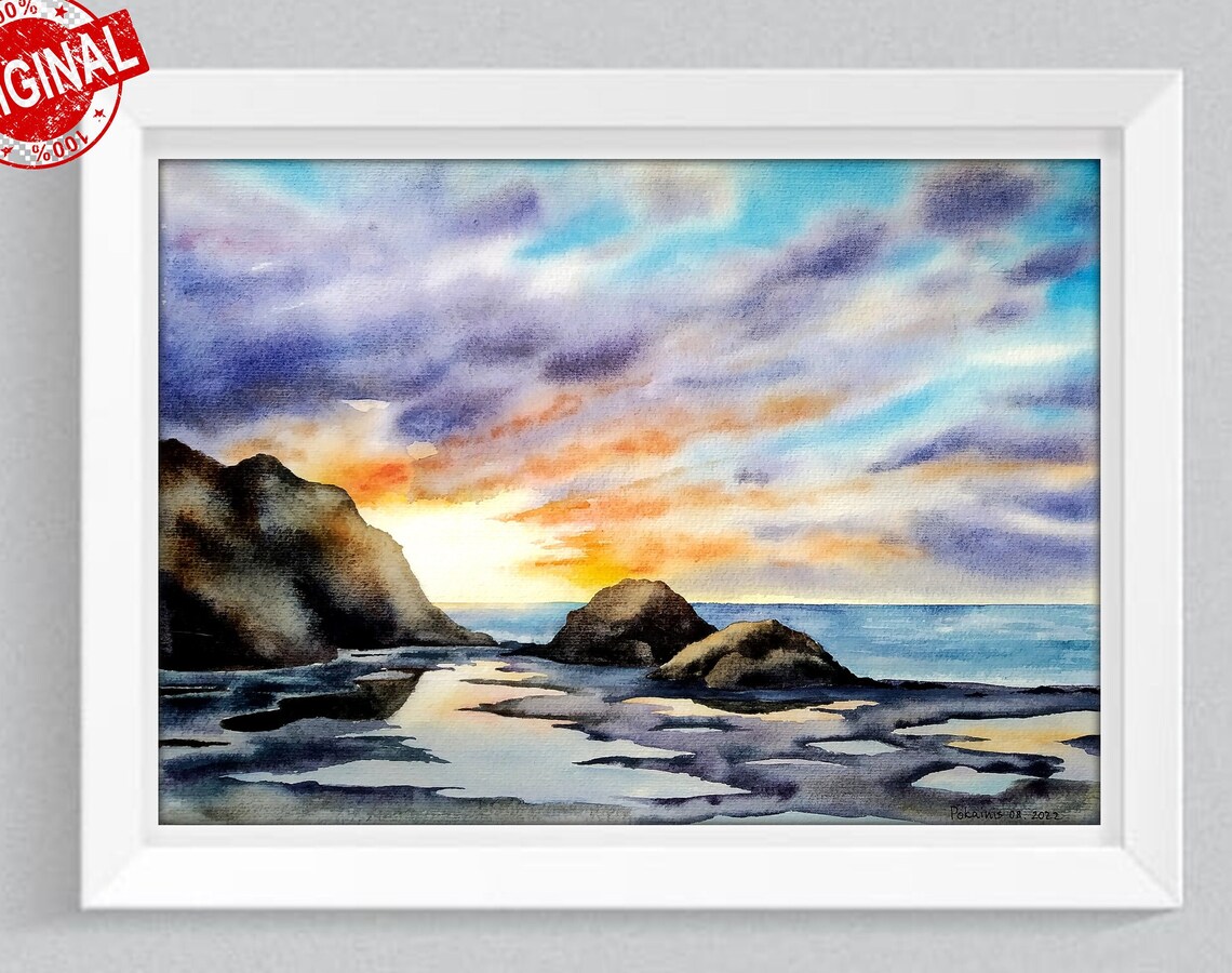 Rocky Coast at Sunset Over Ocean Watercolor Seascape Art Poster - Image 2