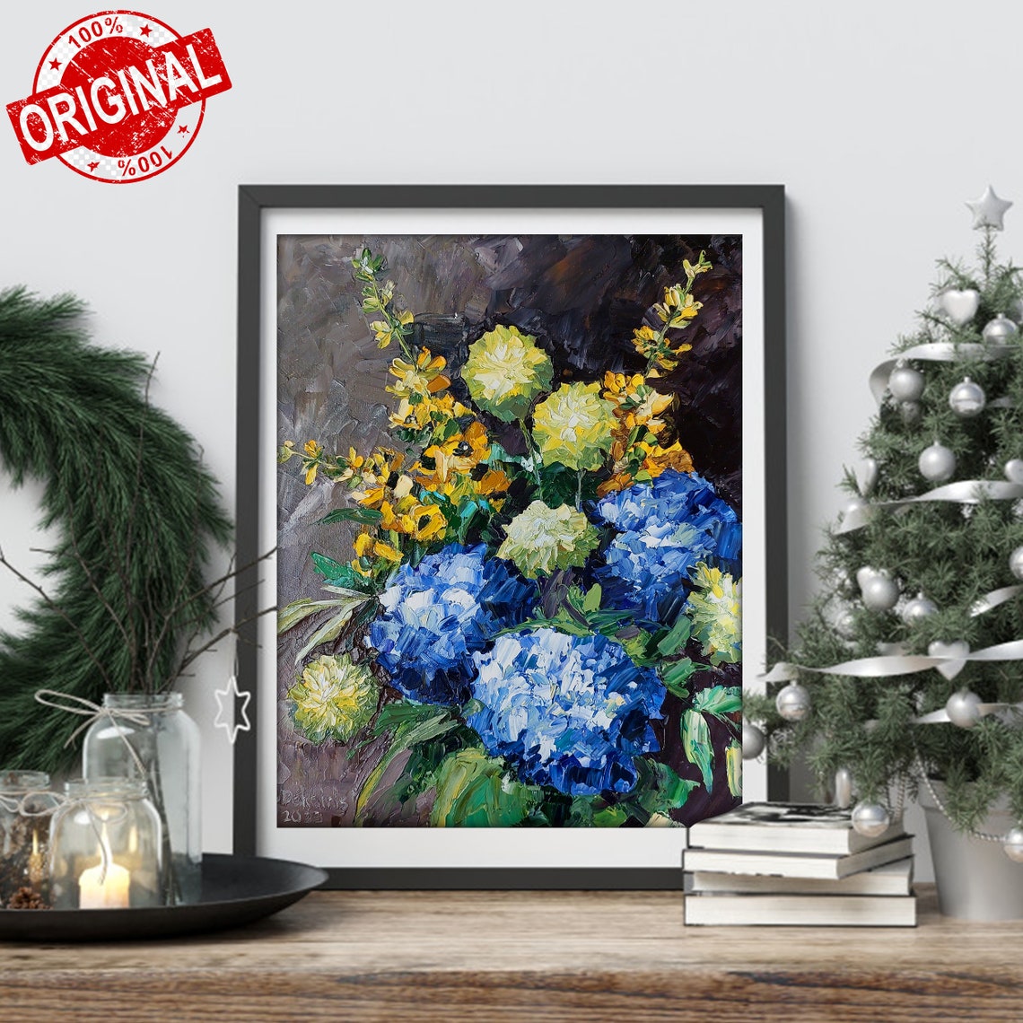 Blue Hydrangeas Impasto Oil Painting Bouquet Floral Art Poster - Image 3