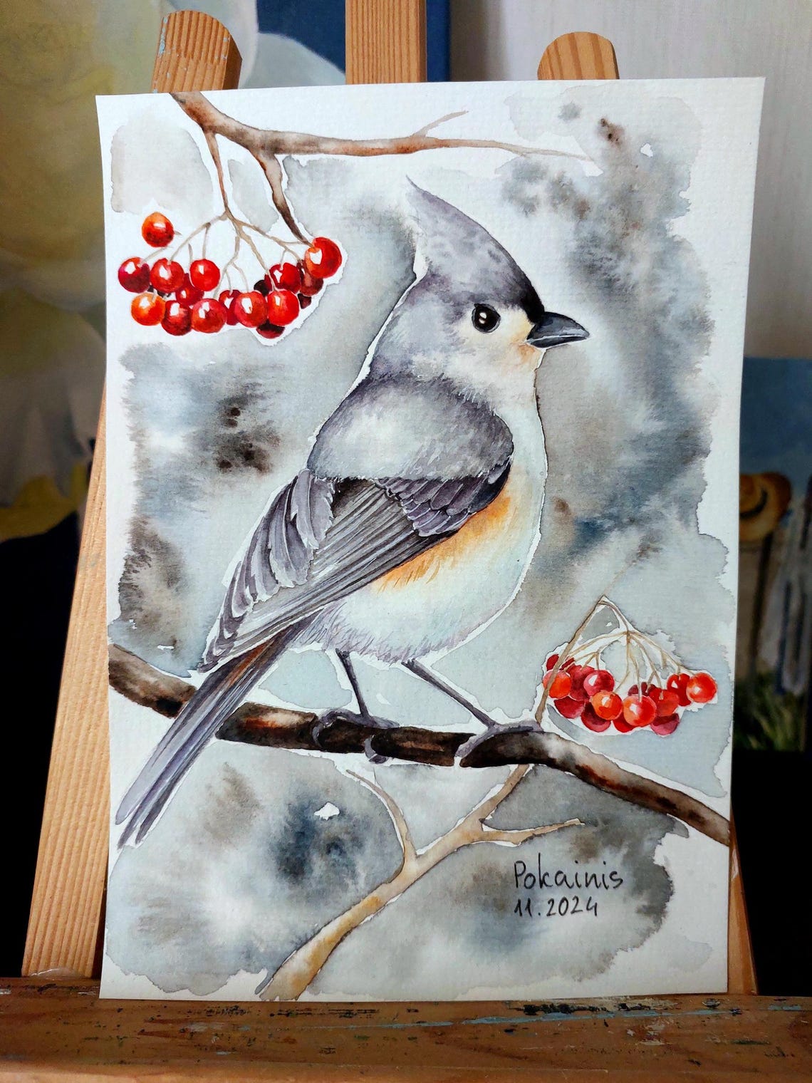 Tufted Titmouse on Berry Branch Watercolor Songbird Art Poster - Image 5