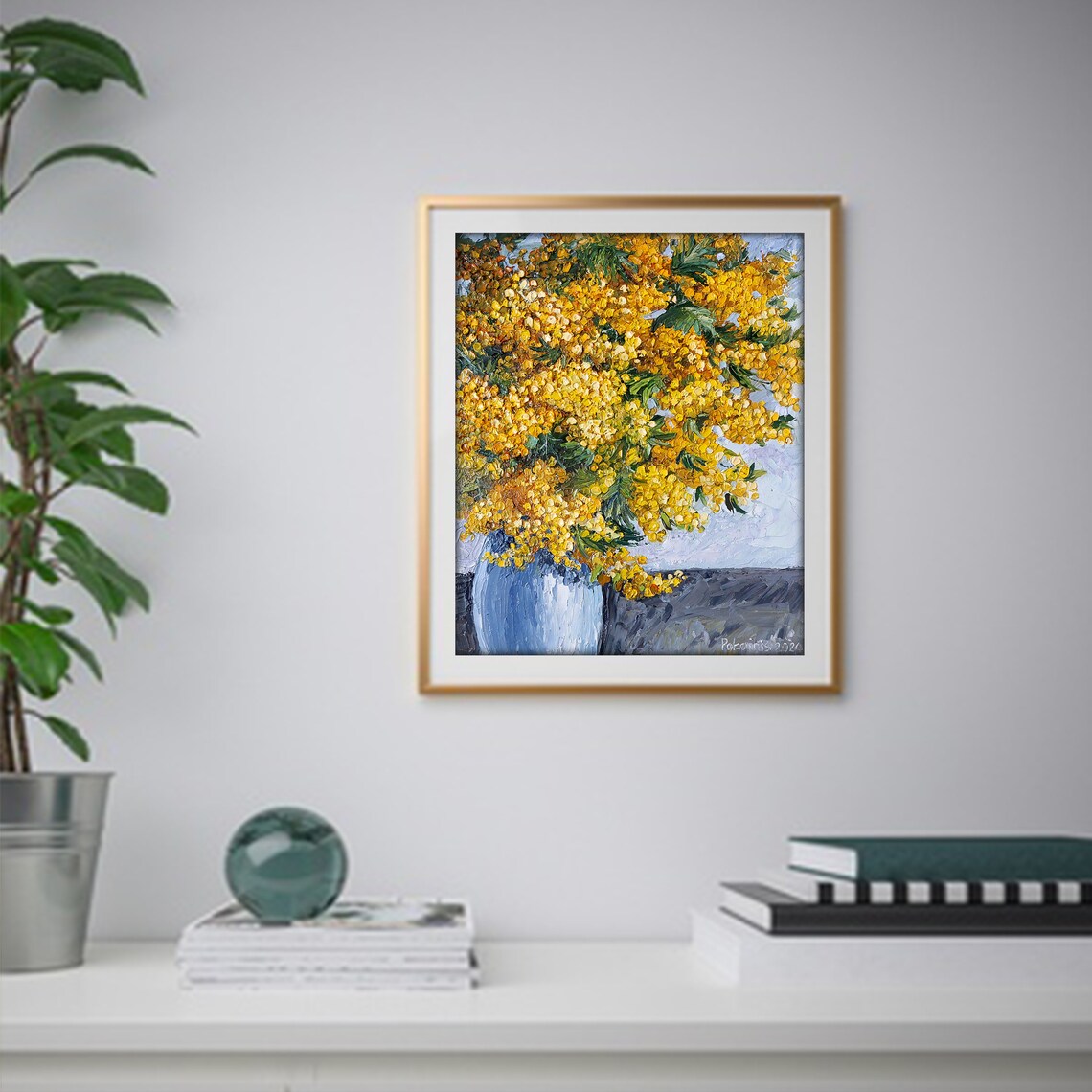 Mimosa Bouquet Cloud in White Vase Impasto Oil Floral Poster - Image 3