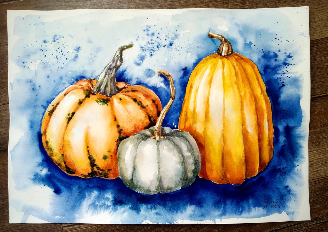 Three Pumpkins of Autumn Harvest Watercolor Still Life Poster - Image 5