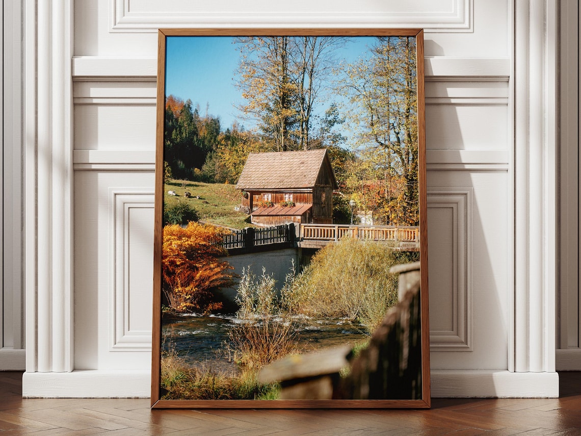 Wooden Barn By Autumn Stream With Rustic Bridge Photo Poster