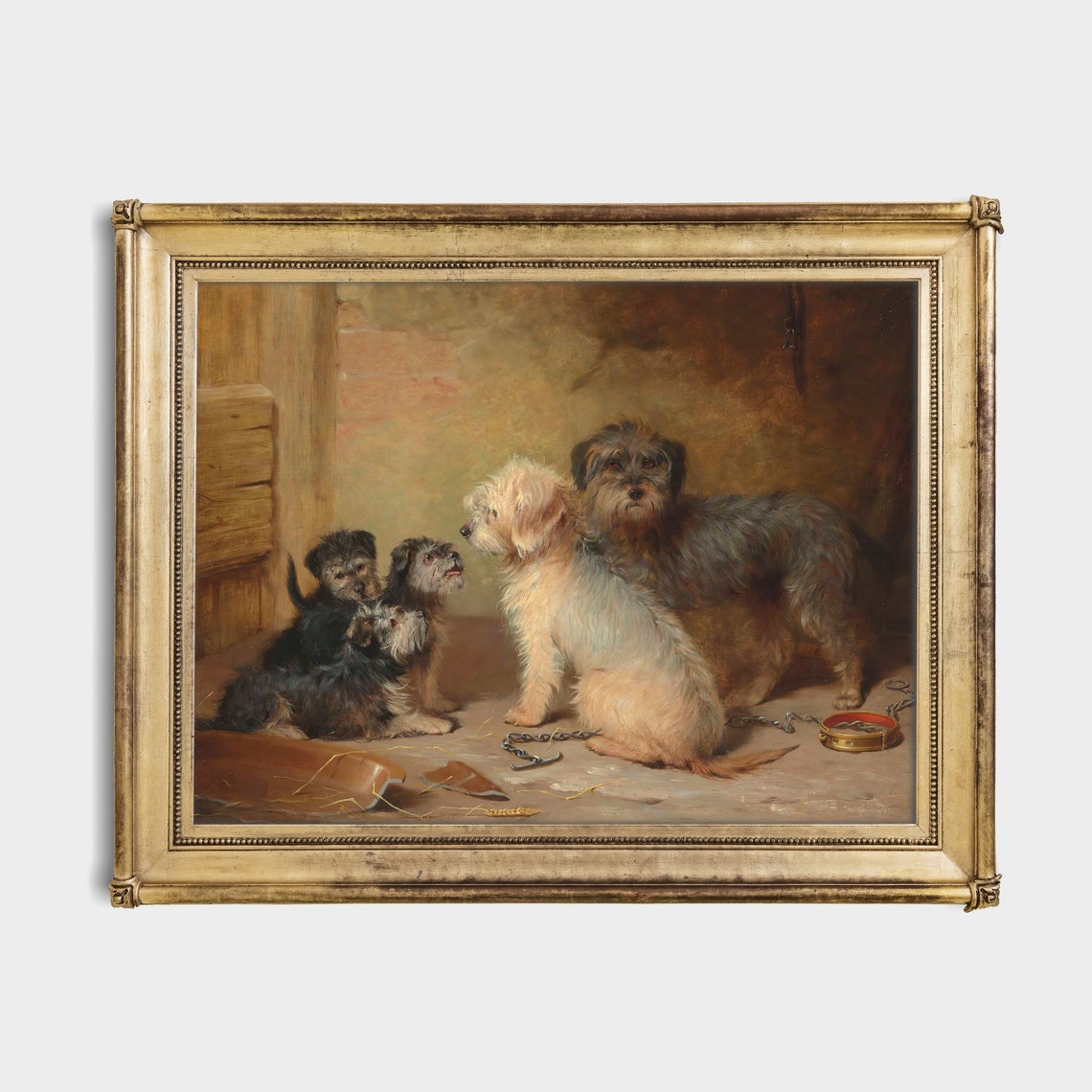 Antique Four Terrier Dogs in a Stable with Broken Bowl Poster - Image 2