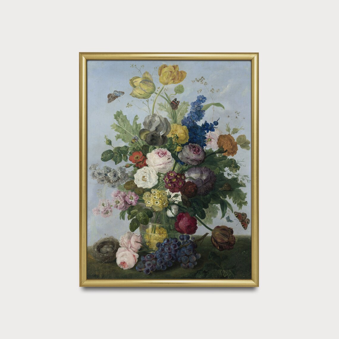 Vintage Dutch Floral Bouquet Still Life With Grapes and Birds Poster - Image 5