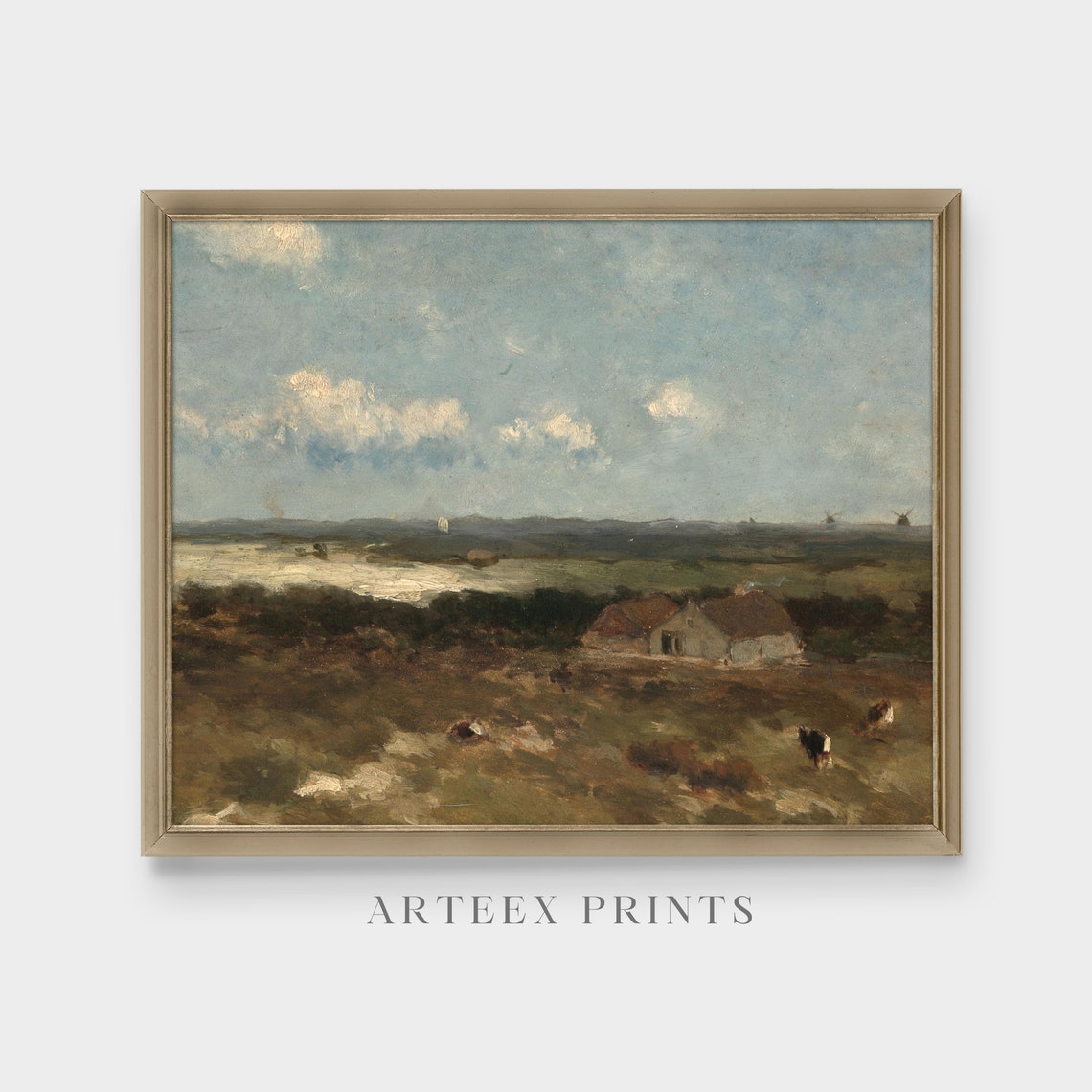 Dutch Heath Farmhouse with Cows and Windmills Landscape Poster - Image 5