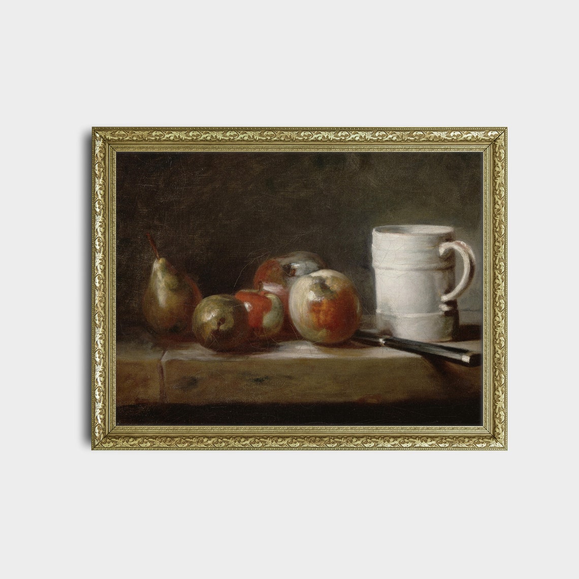 Apples Pears and a White Jug Moody Still Life Vintage Oil Poster - Image 2