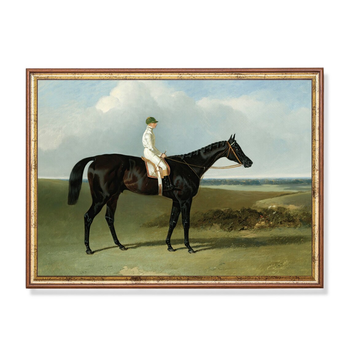 Dark Bay Racehorse With Jockey Classic Sporting Painting Poster