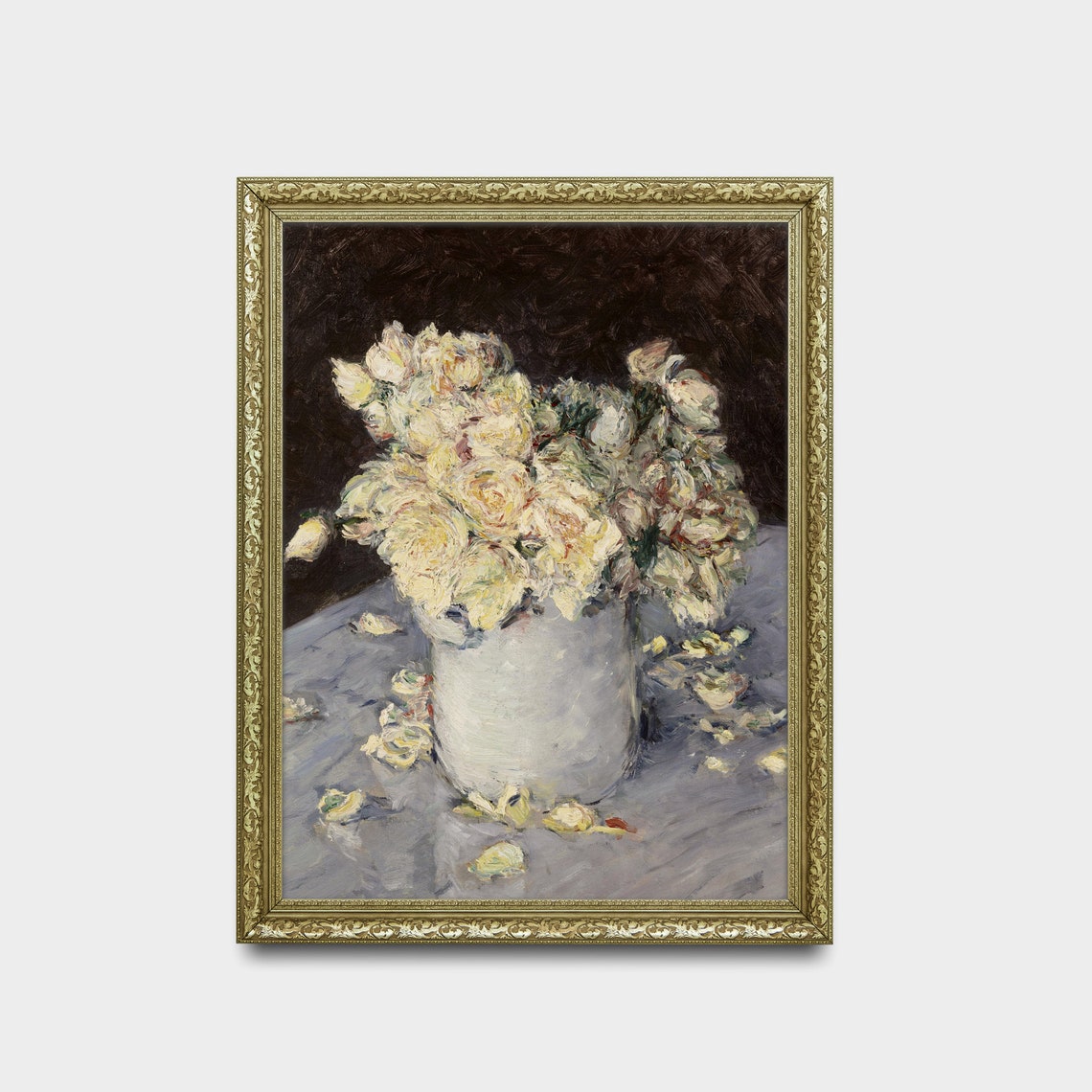 White Roses in a White Vase on a Table Antique Floral Poster - Image 2