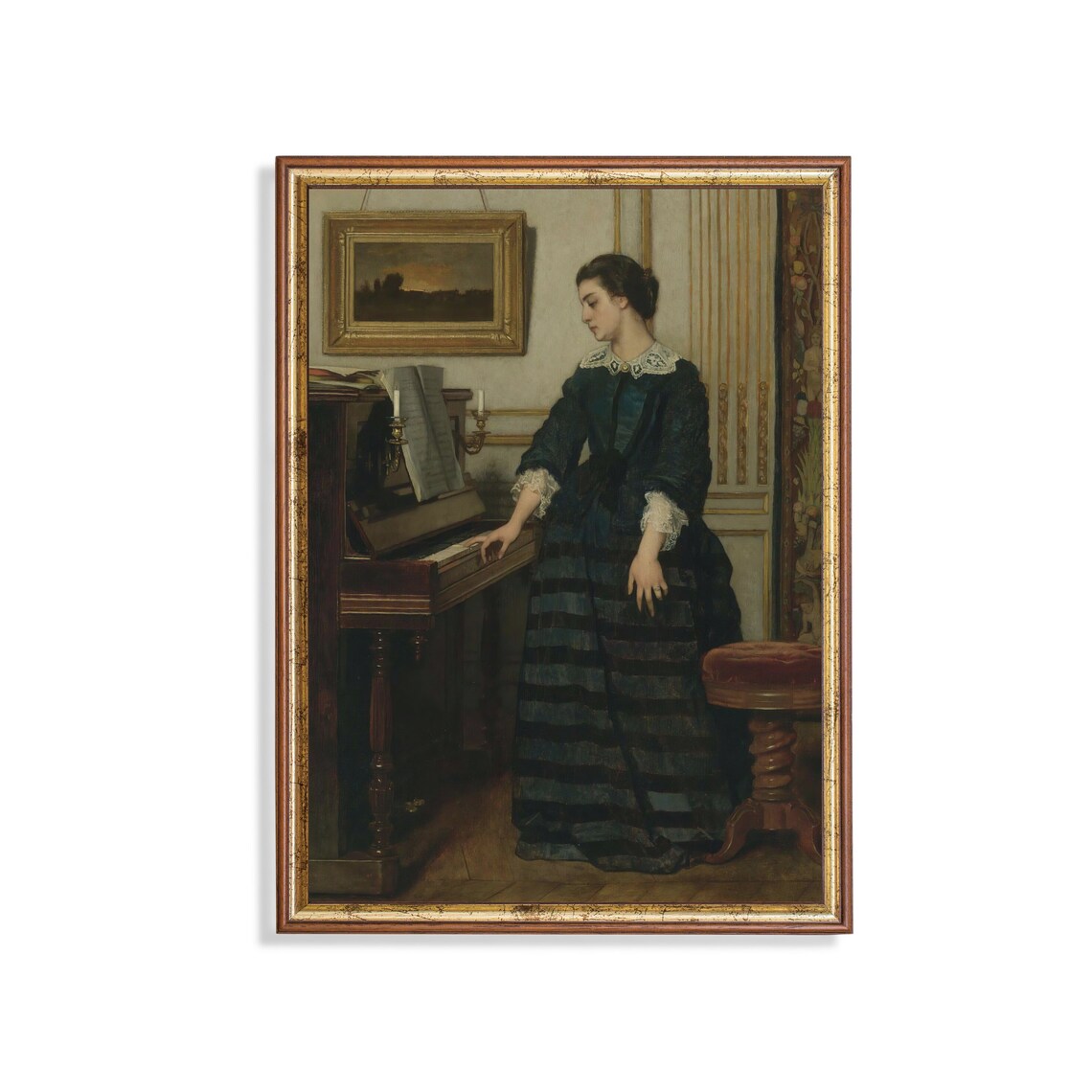 Victorian Woman At The Piano Antique Interior Portrait Painting Poster