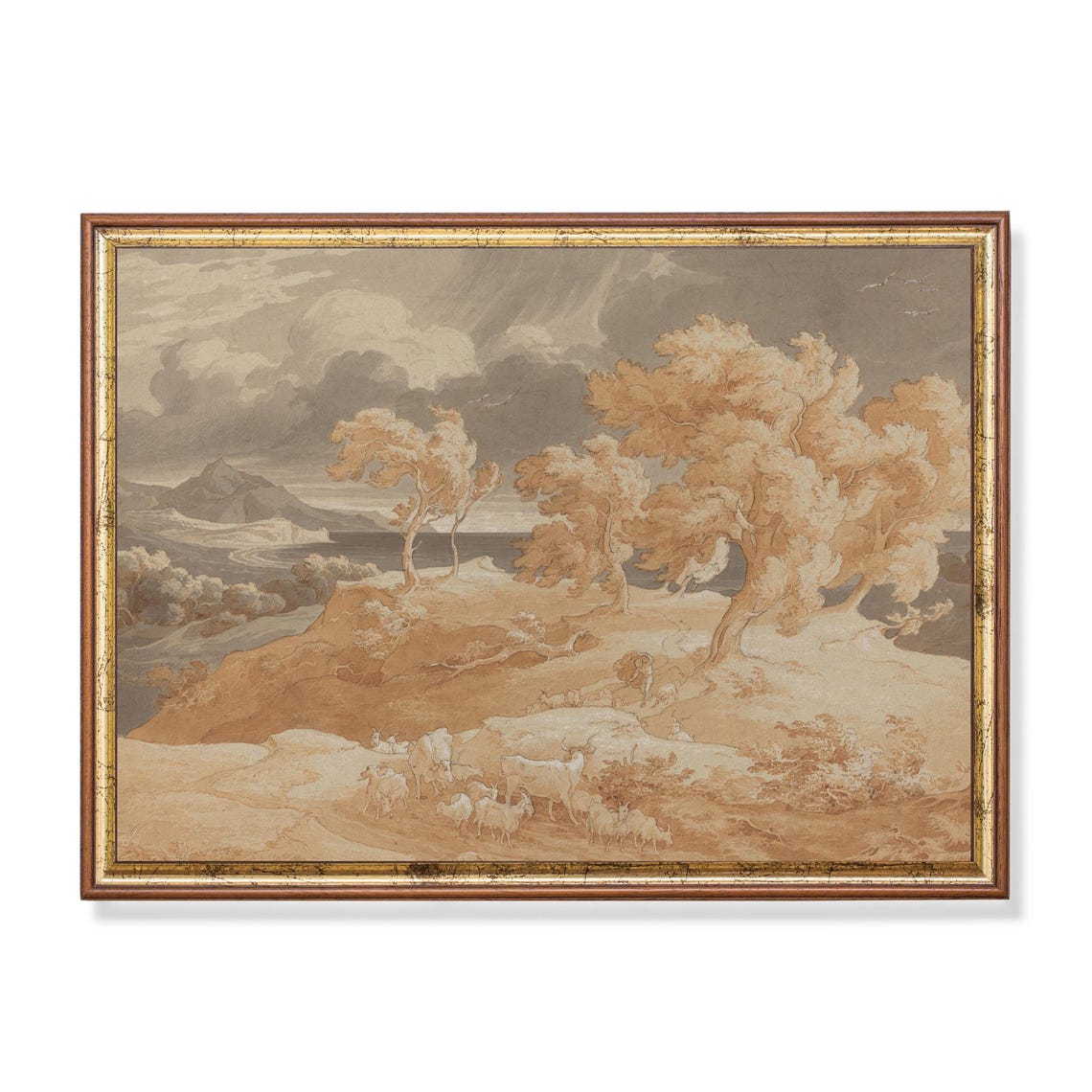 Shepherd with Sheep on Hillside Italian Sepia Landscape Poster