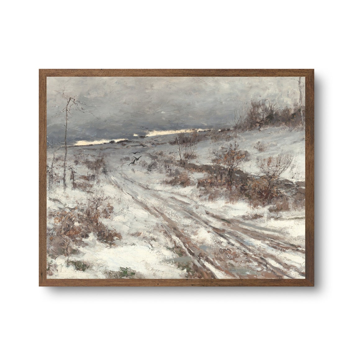 Crows Over a Snowy Country Road Moody Winter Landscape Poster - Image 2