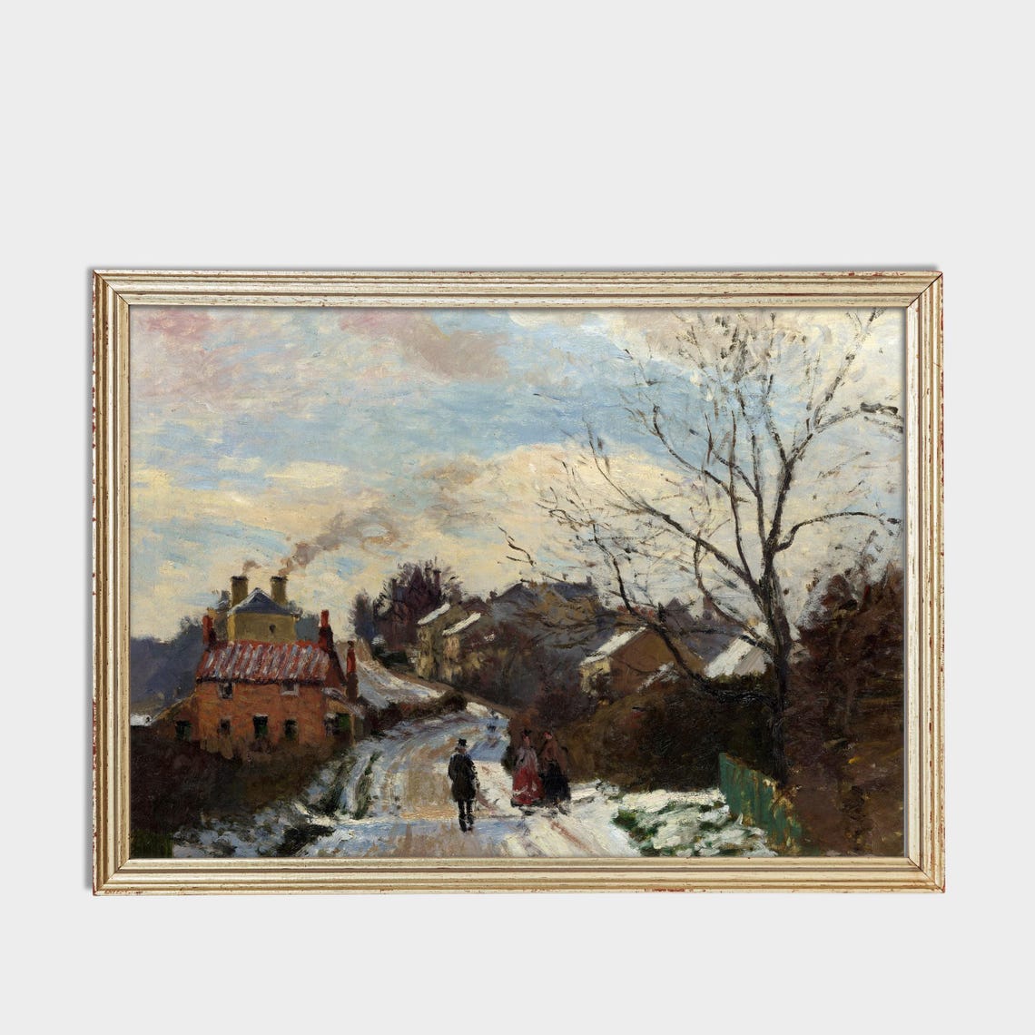Winter Village Street Figures Impressionist Snow Scene Art Poster - Image 3