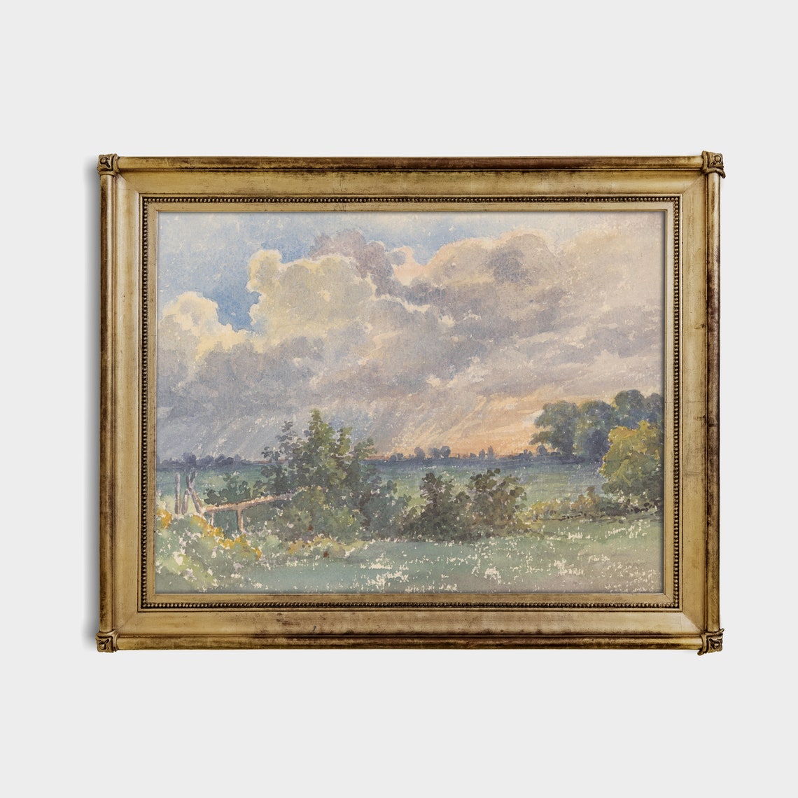 Storm Clouds and Rain Over a Green Marsh Meadow Watercolor Poster - Image 3