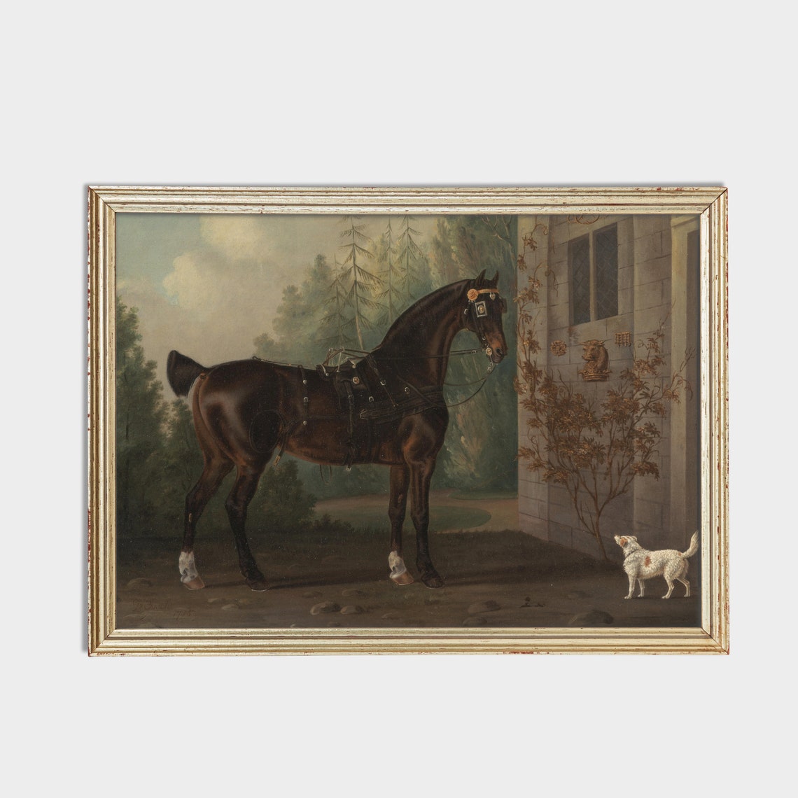 Harnessed Hunter Horse with Terrier Dog Antique Equestrian Poster - Image 2