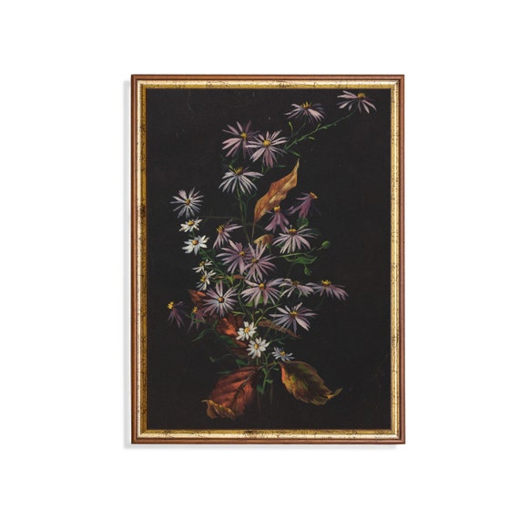 Vintage Botanical Painting Dark Academia Moody Rustic Print Wall Art Antique Floral Dark Fine Art Print