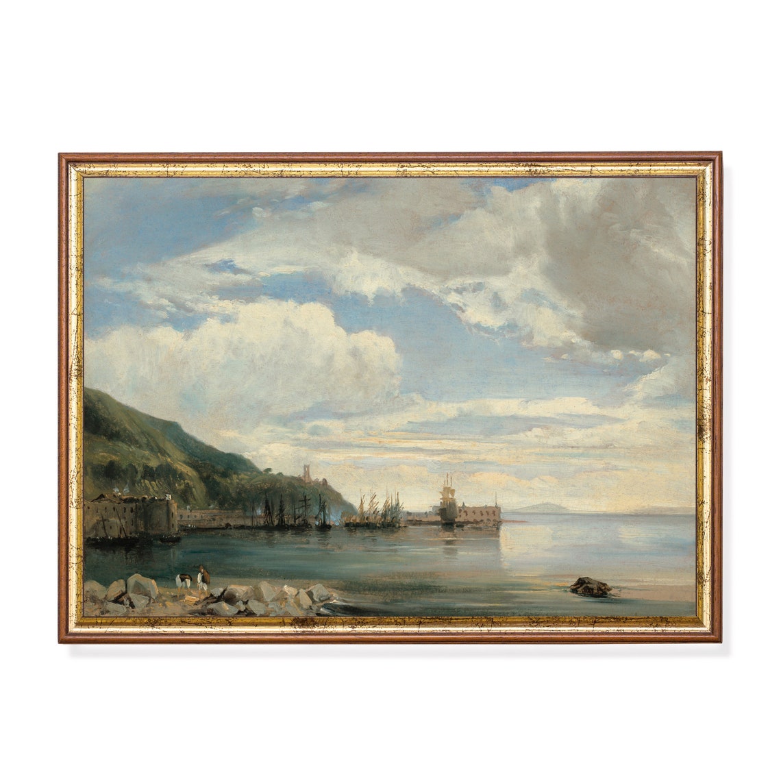 Old Harbor Sailing Ships Mountain Bay Vintage Coastal Poster