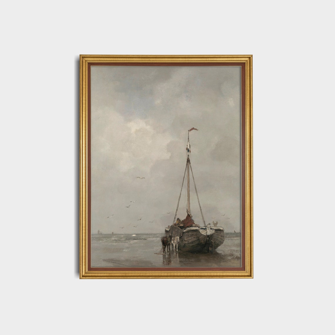 Fishing Boat Beached at Low Tide with Two Horses Vintage Poster - Image 3
