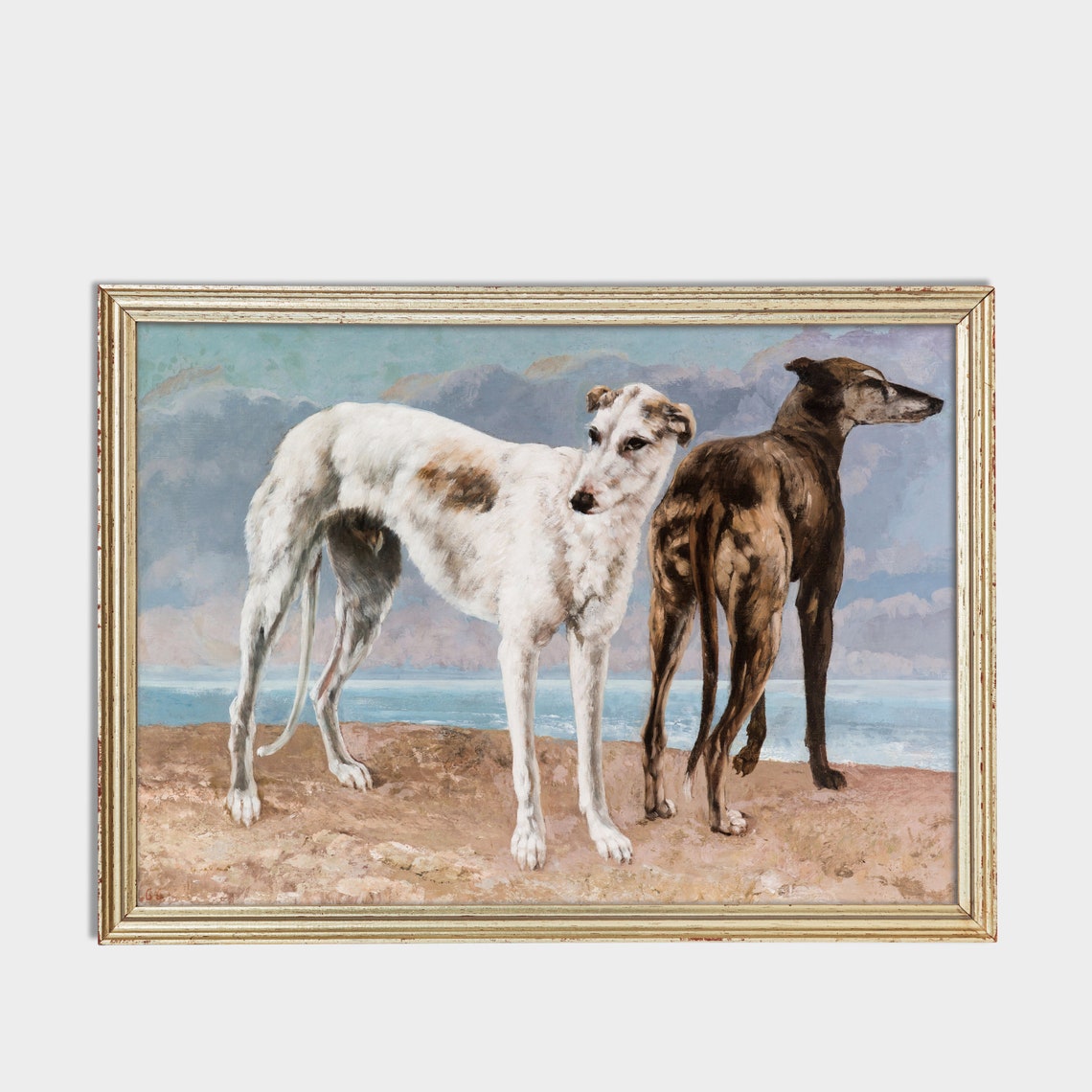 Two Greyhounds Standing Side by Side on a Coastal Beach Poster - Image 2