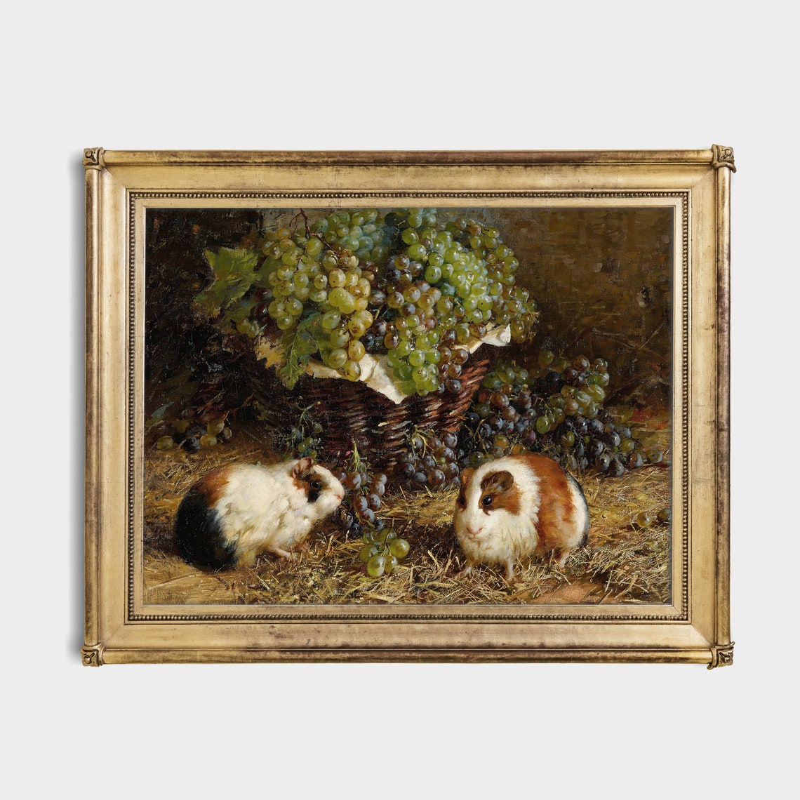 Two Guinea Pigs Feasting Beside an Overflowing Basket of Grapes Poster - Image 2