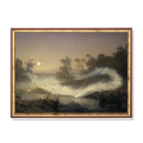 Dancing Fairies Over Misty River Moonlit Fantasy Painting Poster