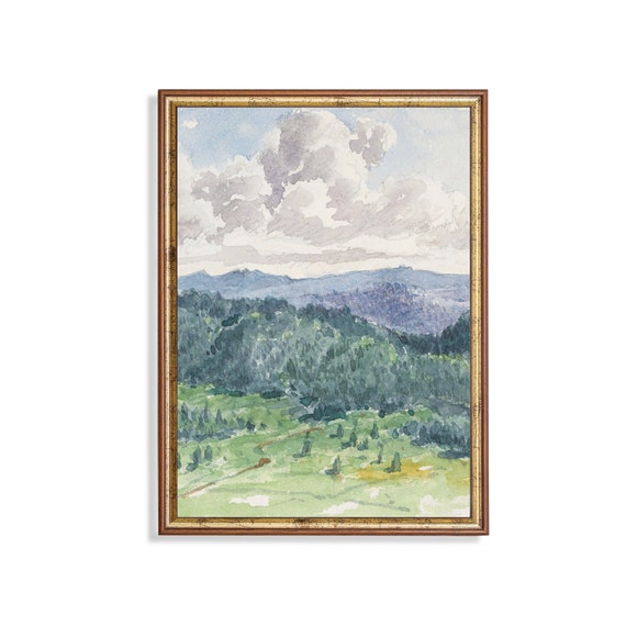 Mailed Print Vintage Mountain Painting Antique Landscape Print Country Decor Rustic Watercolor Print Printed And Shipped