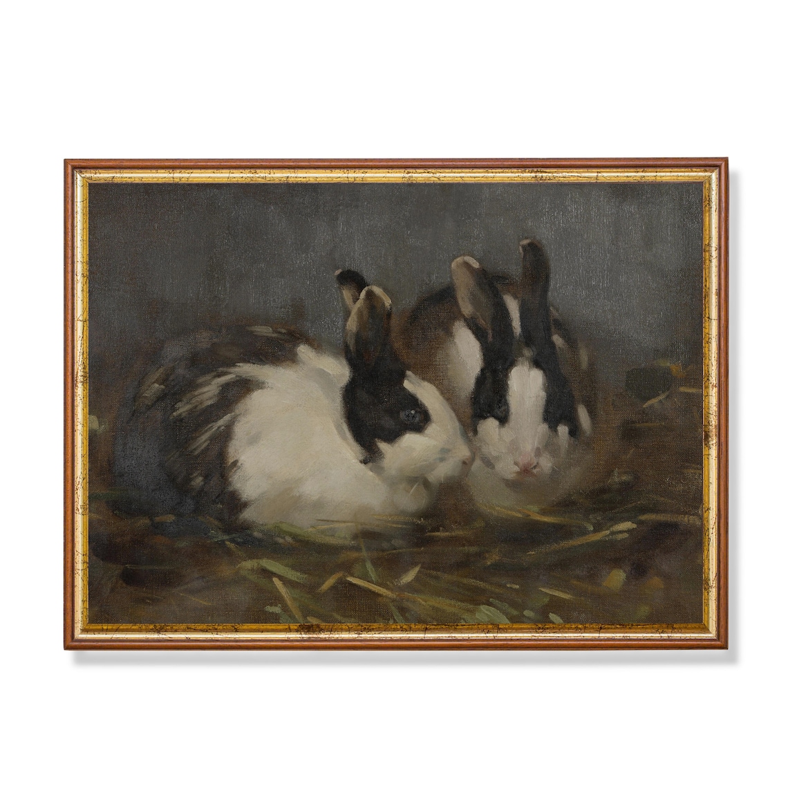 Vintage Rabbit Oil Painting, Farmhouse Wall Art