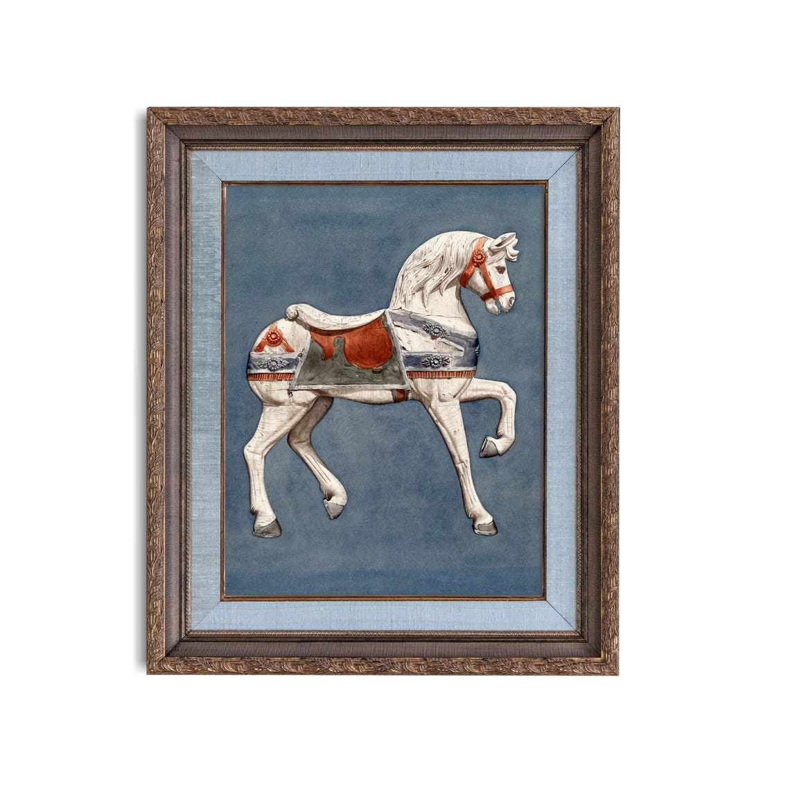 White Carousel Horse Blue Background Vintage Whimsical Poster - Image 5