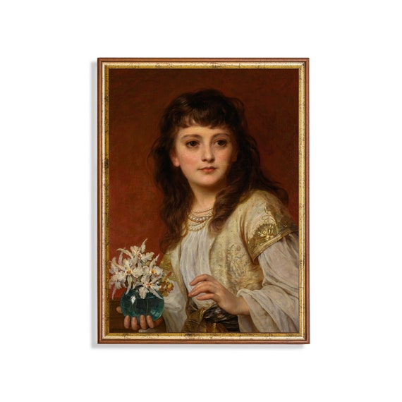 Vintage Painting Girl Portrait Painting Antique Moody Print Vertical Wall Art 19th Century Fine Print