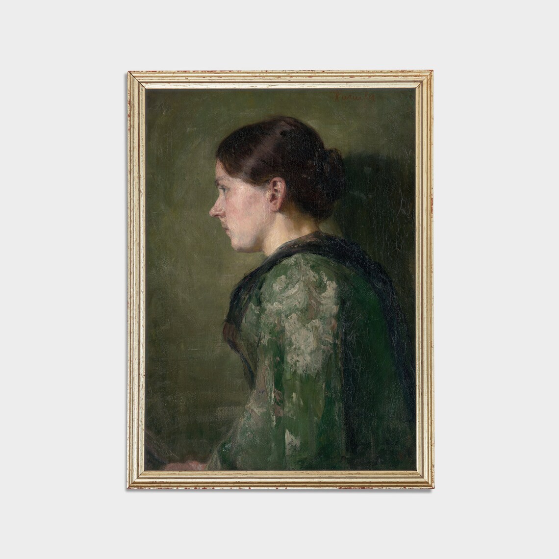 Contemplative Woman in Green Shawl Profile Antique Portrait Poster - Image 3